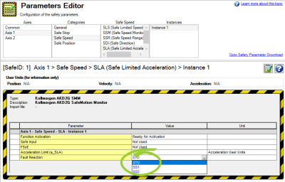 Parameters Editor with Fault Reaction values circled